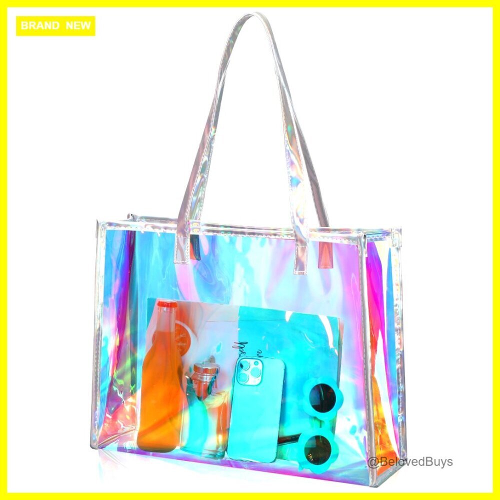 Large Clear Tote Bag with Leather Handle for Beach Work Travel